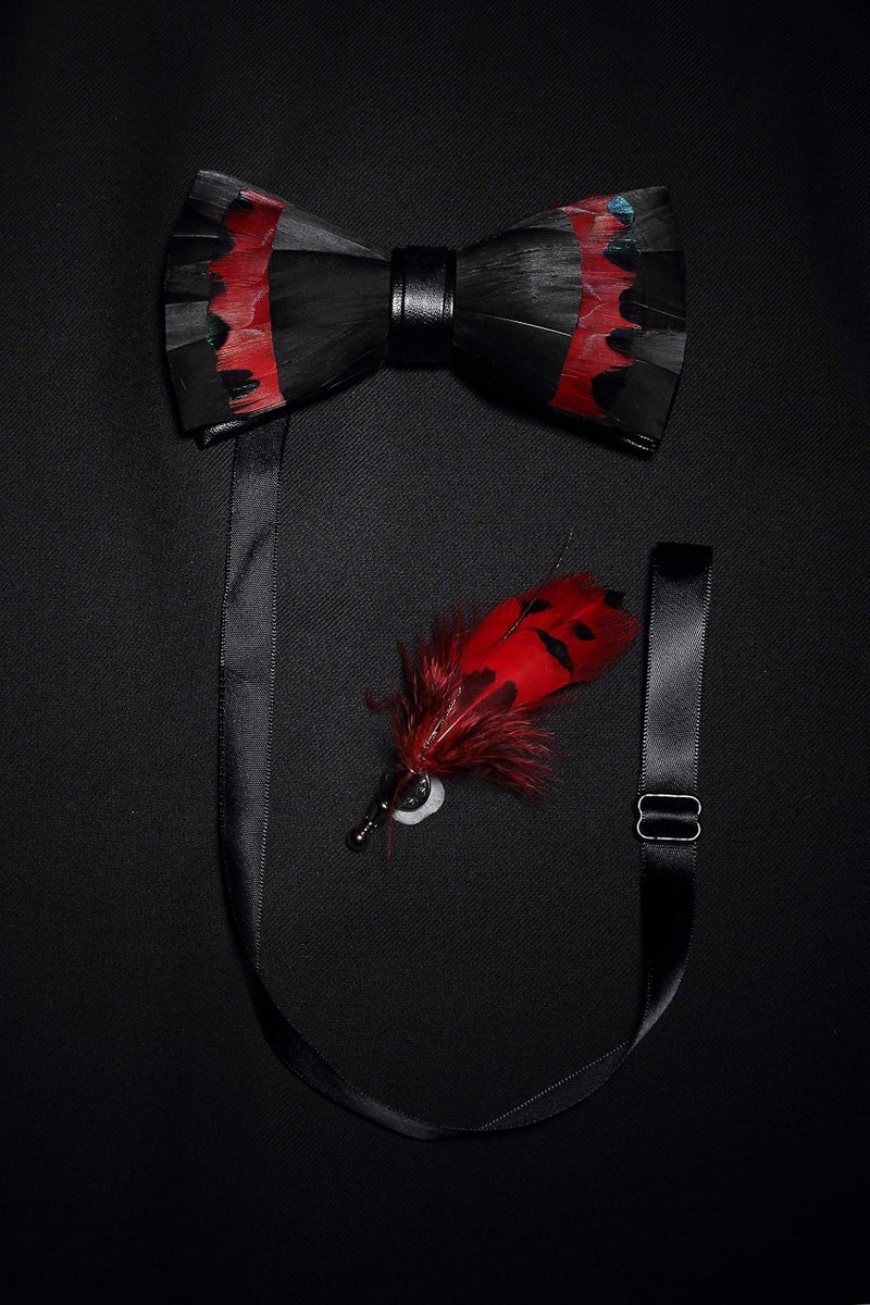 RBOCOTT Handmade Feather Red Black Pre-tied Bow tie and Brooch Sets for Men (20) - Image 3